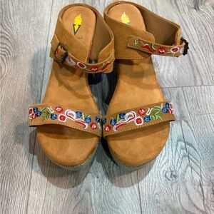 Volatile Tan Embroidered Sandals with Floral Straps